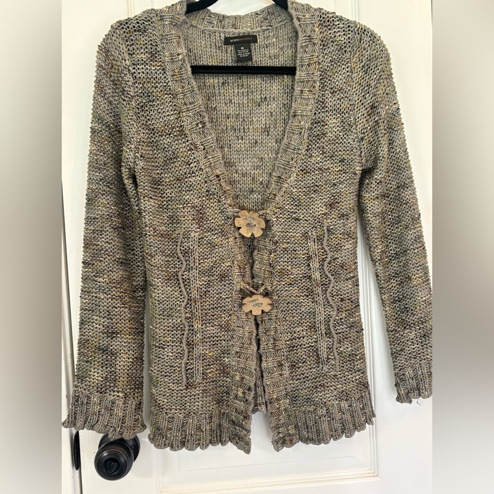 BCBGMaxAzria Boho Taupe Marled Knit Cardigan with Wood Flower Buttons Size M